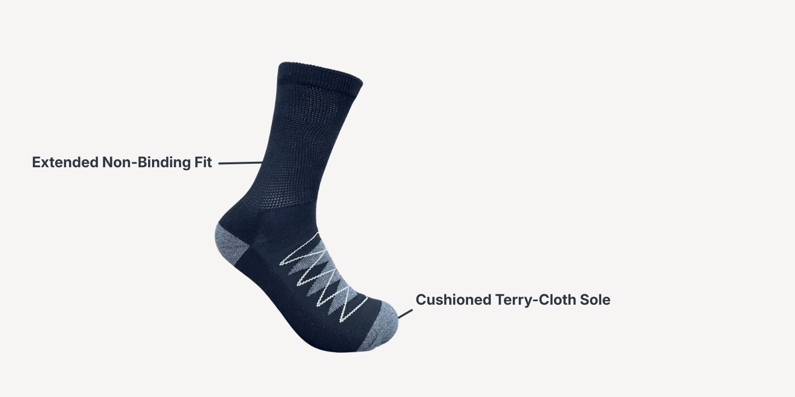 Sock Cabin diabetic sock showing extended non-binding fit and cushioned terry-cloth sole